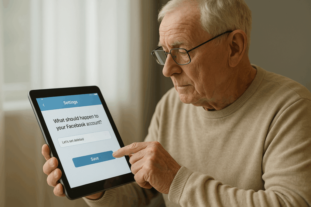 Eine alte Person hält ein Tablet in der Hand, auf dem abgefragt wird, was mit dem digitalen Nachlass geschehen soll.