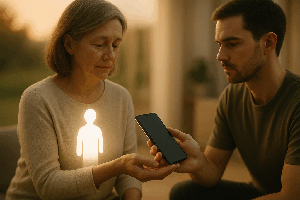 Eine alte und eine junge Person sitzen beieinander. Eine hält ein Smartphone in der Hand, welches die Datenübergabe mit Letzter Klick symbolisiert.
